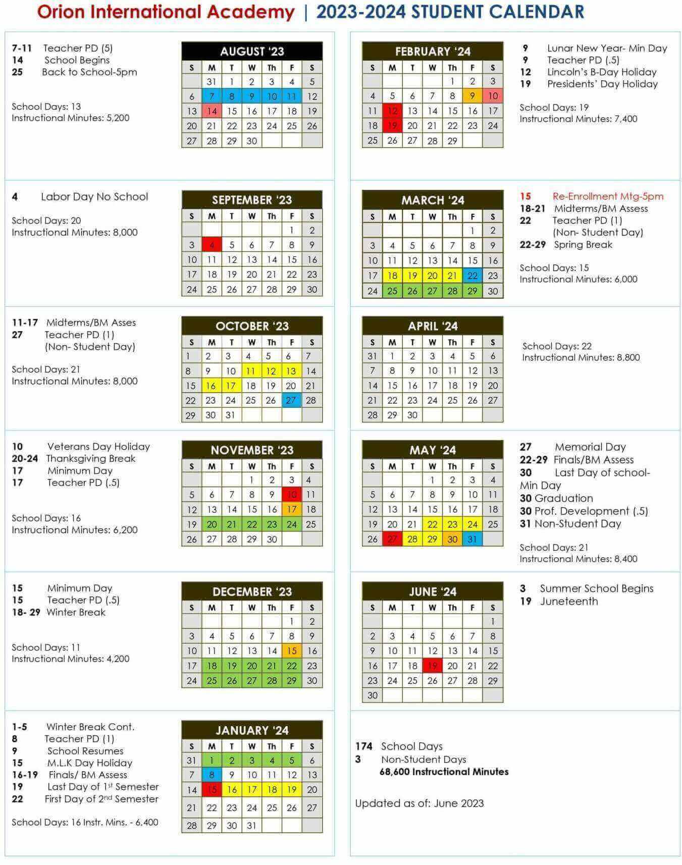 Orion Private Elementary School Calender