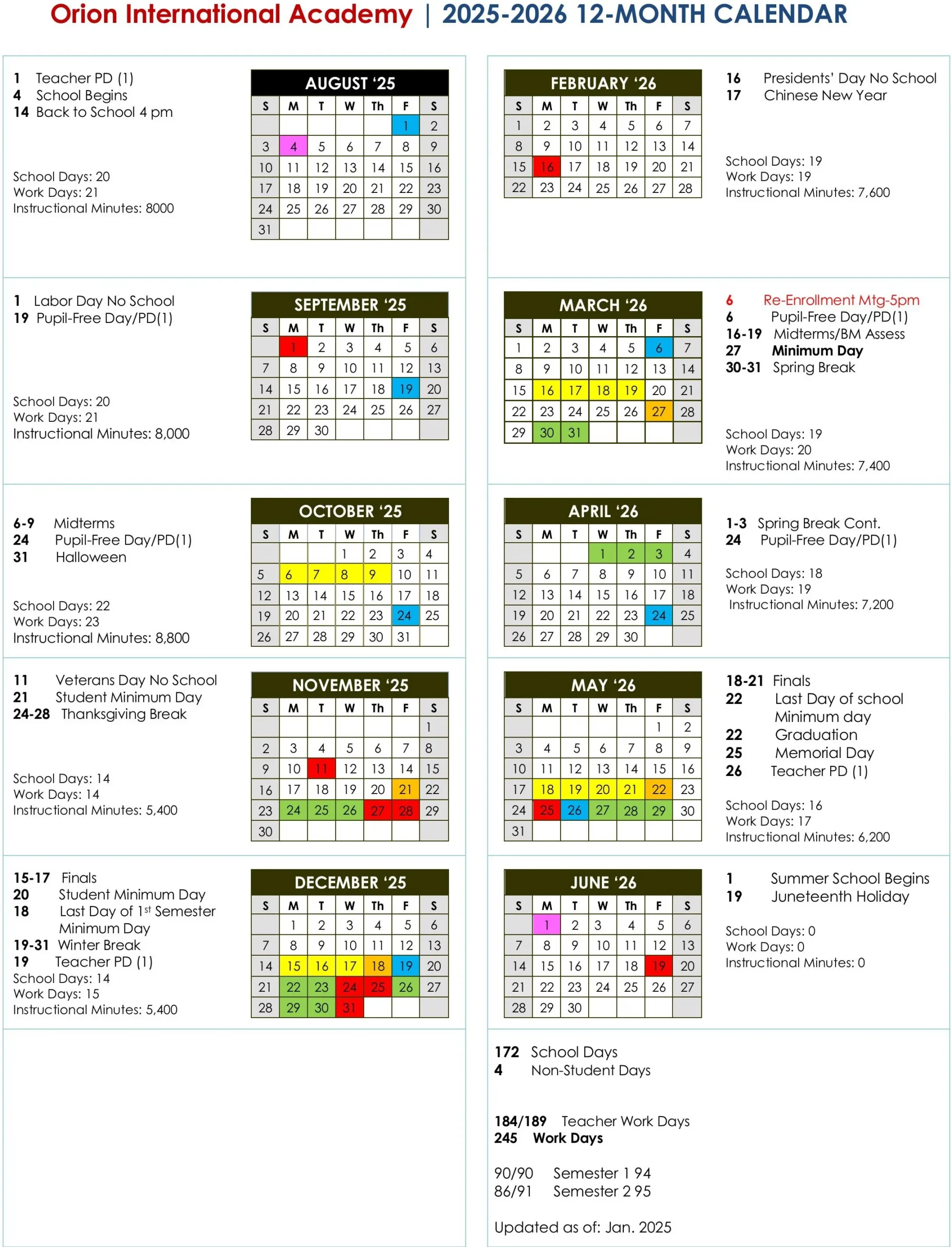 Orion International Schools 2025-2026 Calendar