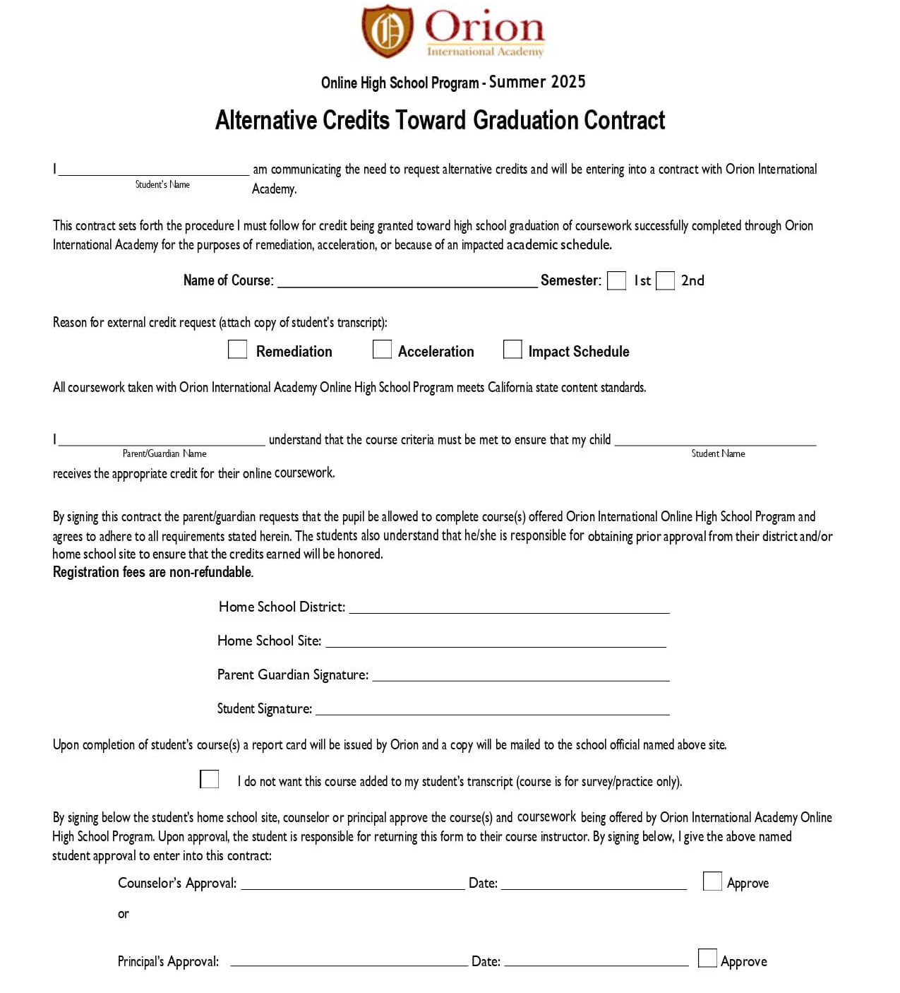 Orion High School - Alternative Credits Form